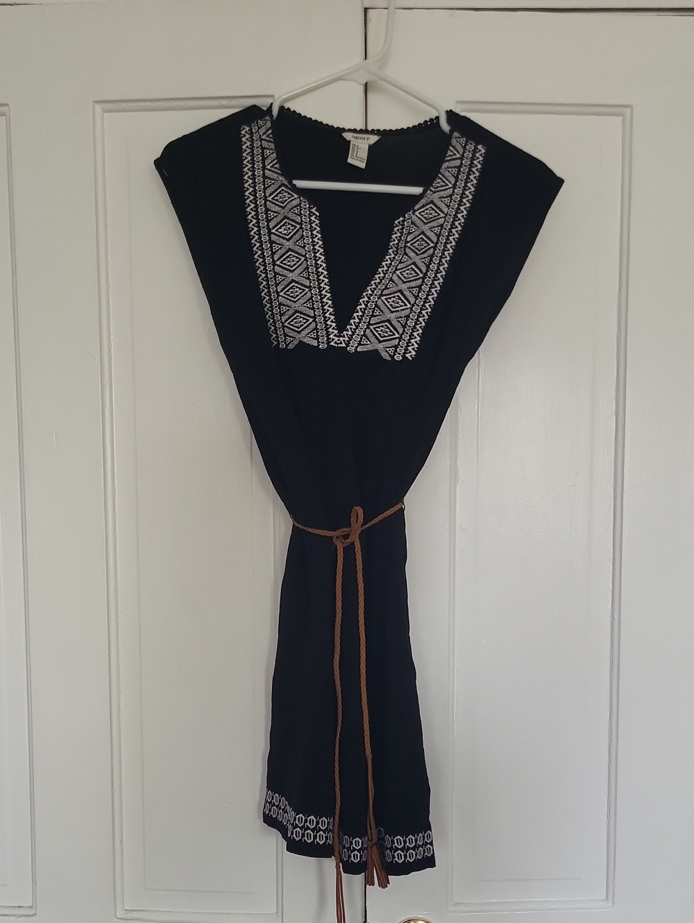 Women's Black Embroidered V-Neck Dress with Belt